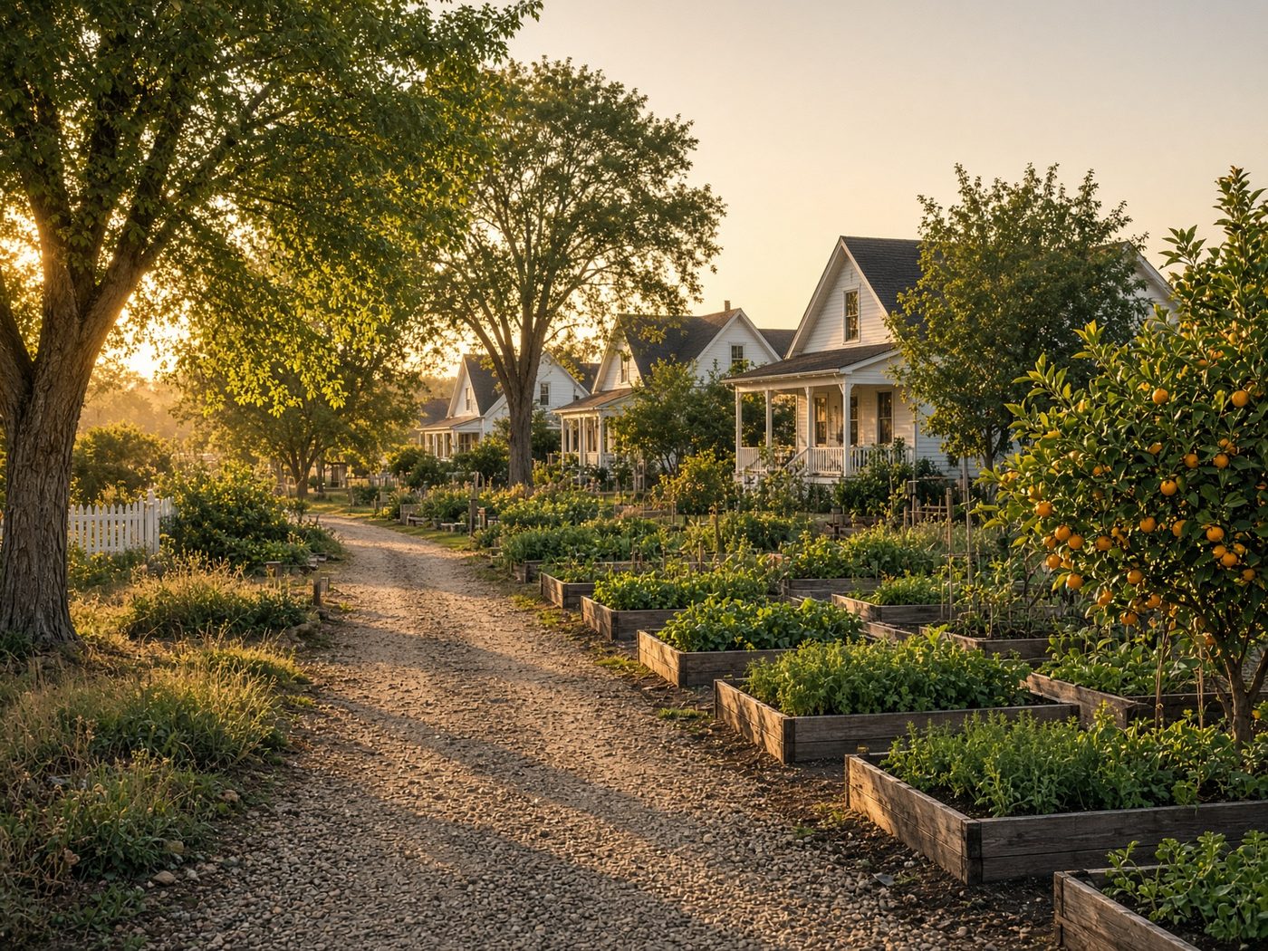 Farmhouse-style homes, pecan trees, and community gardens in a Gilbert neighborhood