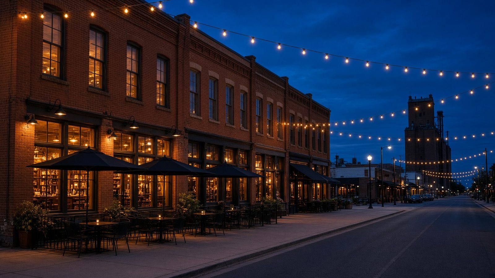 Dusk on Gilbert’s Heritage District, with brick storefronts, string lights, and the historic grain elevator