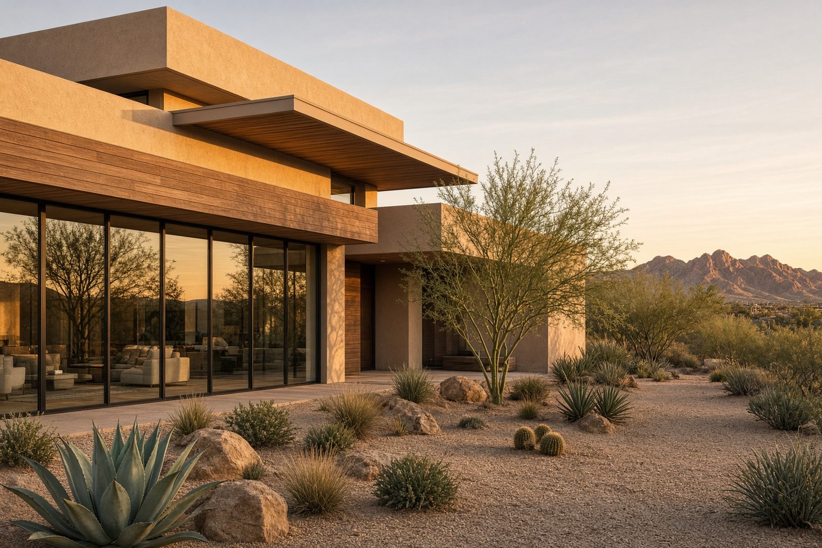 Contemporary desert home in Gilbert with warm stucco, glass, and mountain views at golden hour
