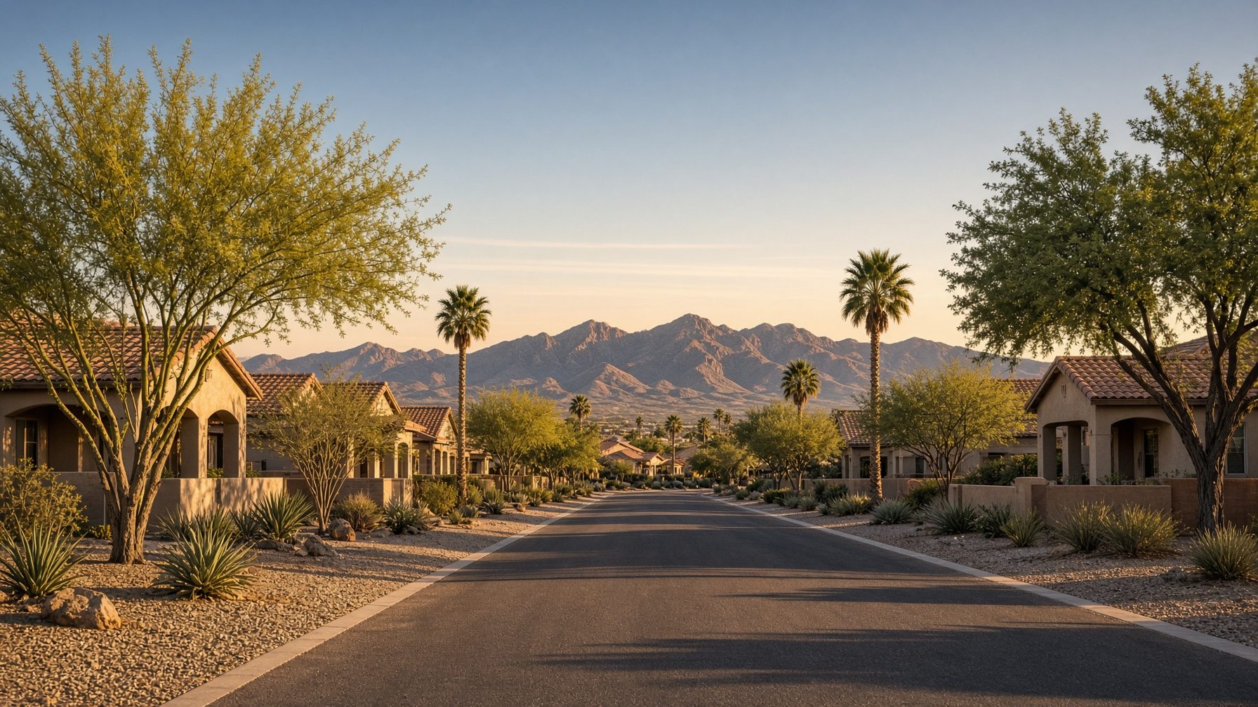 Golden-hour street of tile-roof homes in a Gilbert, Arizona neighborhood with the Superstition Mountains on the horizon