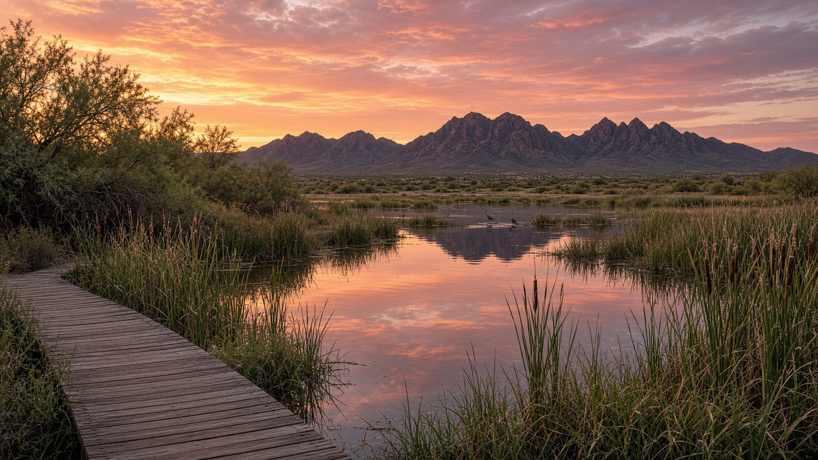 Wooden boardwalk over wetland ponds at Gilbert’s Riparian Preserve at sunset